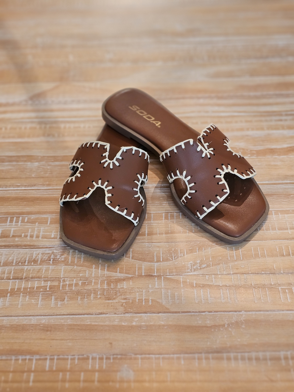 Soda Brown Slide Sandals with Cream Whipstitch Trim
